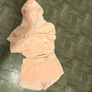 Refuge  Zip Up Cropped Hoodie & Shorts Neon Light Pink (2 PCE SET)